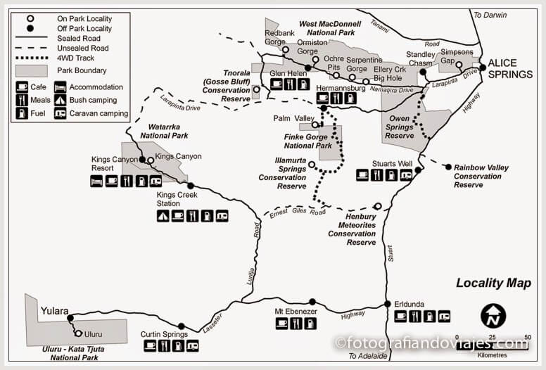 Mapa de la zona de Kings Canyon y Uluru