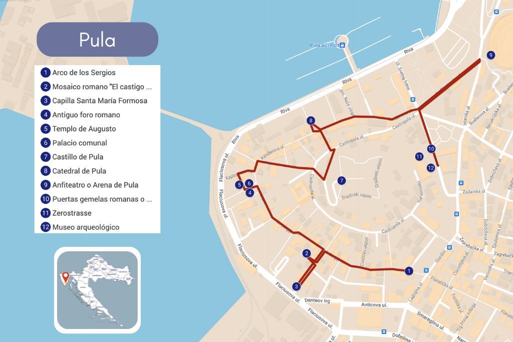 Mapa o plano de Pula con los sitios que ver en un dia