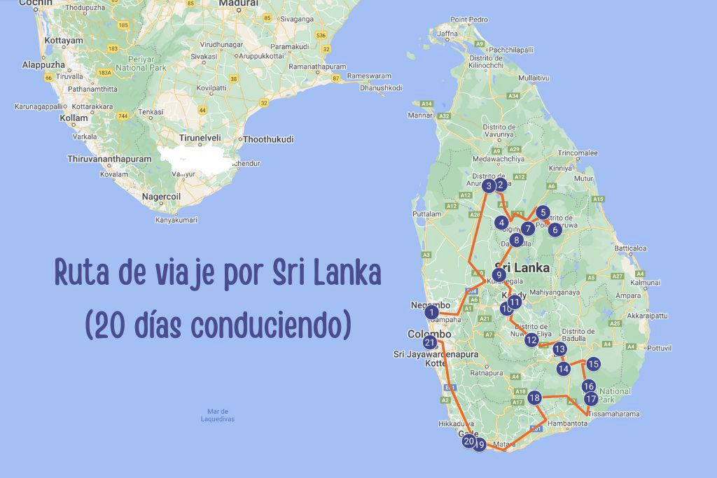 Ruta viaje Sri lanka mapa coche