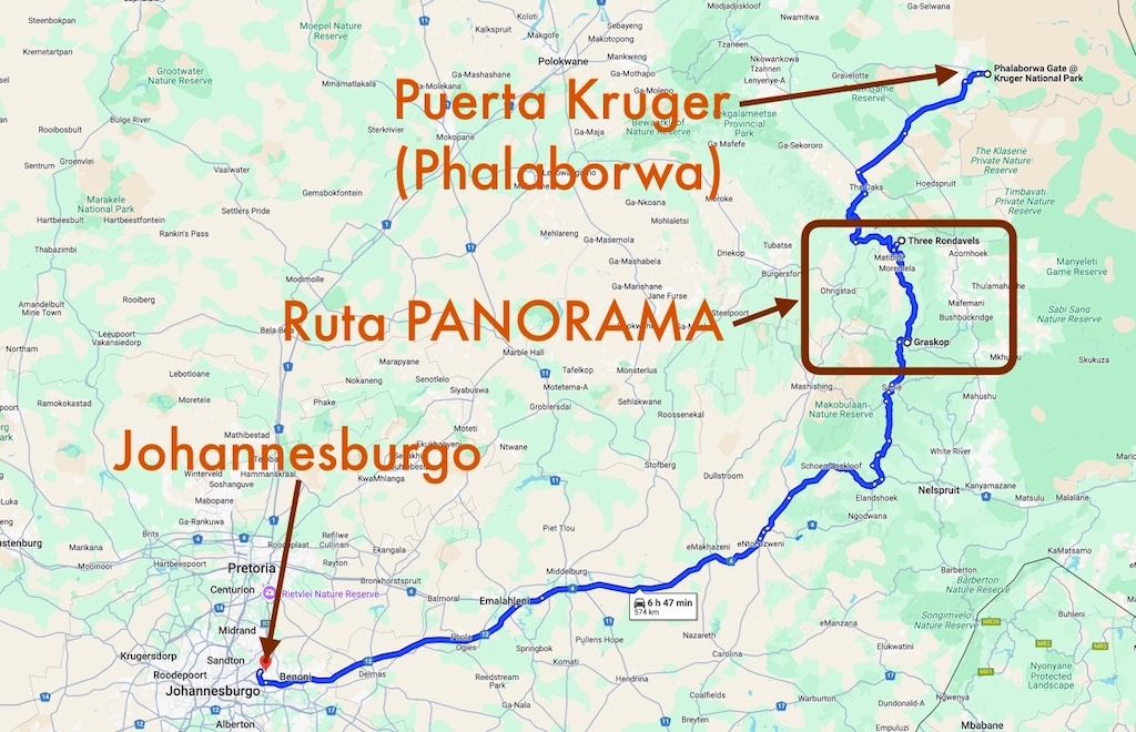Mapa ruta panorama kruger johannesburgo
