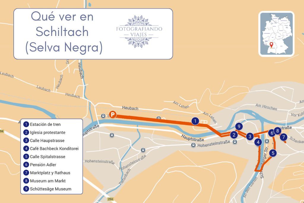 Mapa de Schiltach selva negra alemania recorrido ver pueblo un dia
