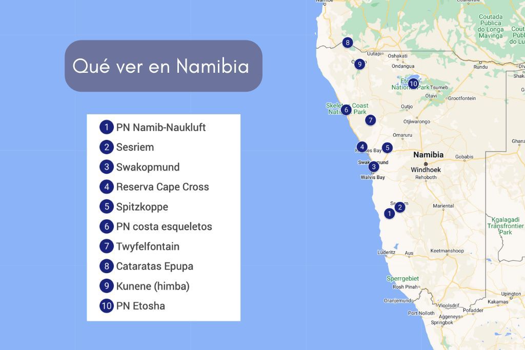 Mapa Namibia lugares imprescindibles que ver