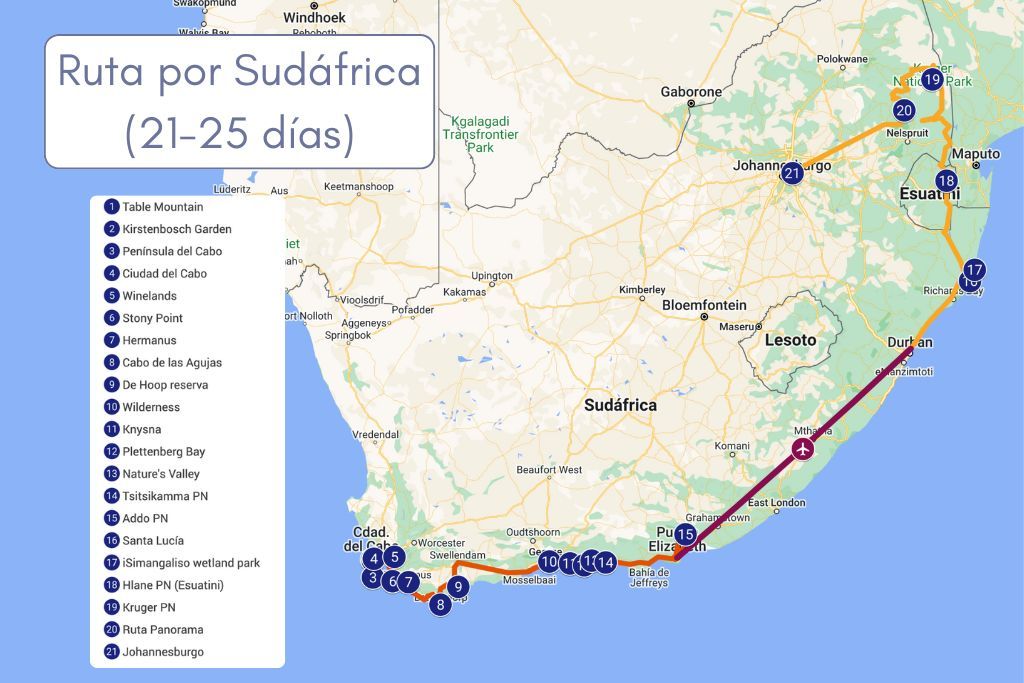 Recorrido ruta sudafrica coche por libre mapa