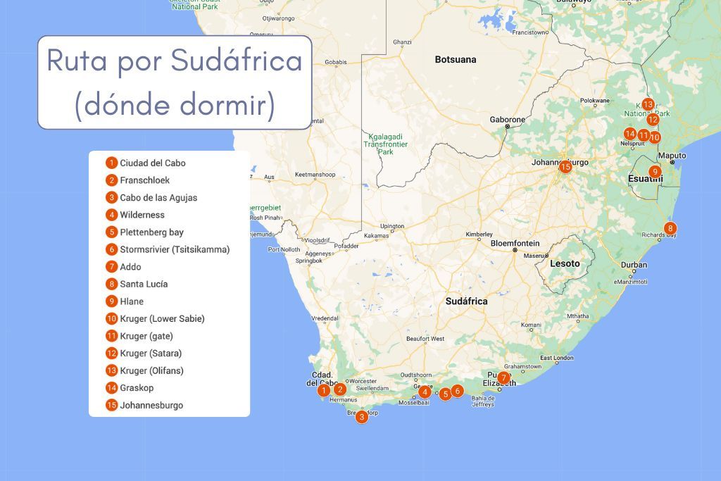 Plano ruta por Sudáfrica en coche (donde dormir) ruta sudafrica por libre mapa donde dormir