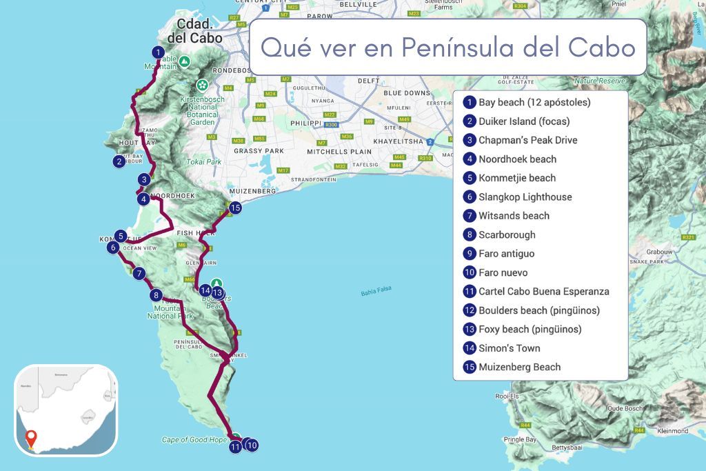 Mapa Peninsula del Cabo recorrido que ver un dia en coche