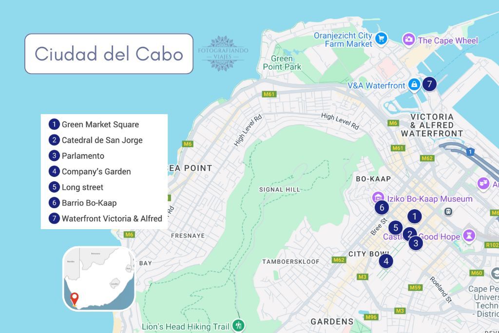Mapa ciudad del cabo sitios que visitar