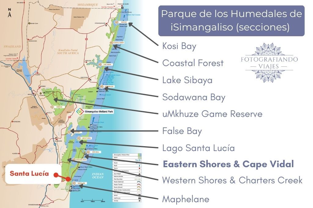 Mapa iSimangaliso zonas del parque