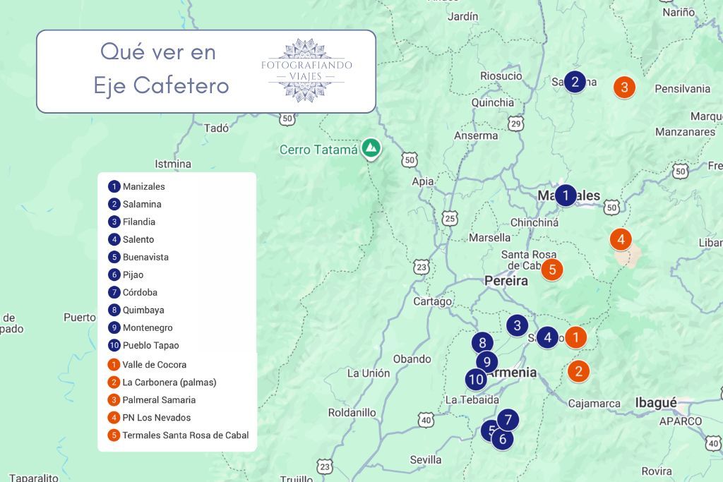 Mapa qué ver en Eje Cafetero Colombia