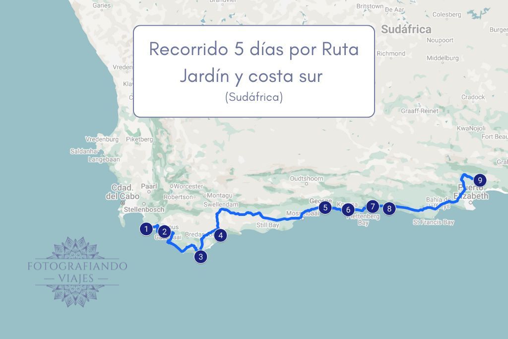 Mapa recorrido Ruta Jardin que ver 5 dias Garden Route