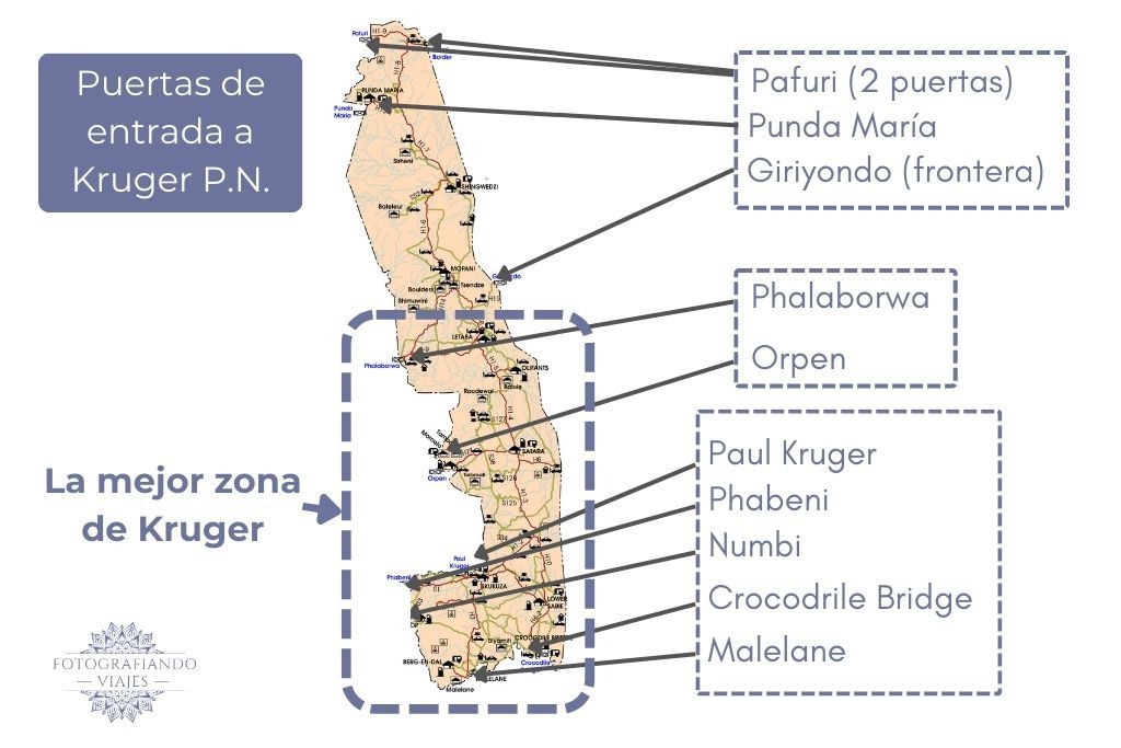 Mapa Kruger puertas de entrada y acceso