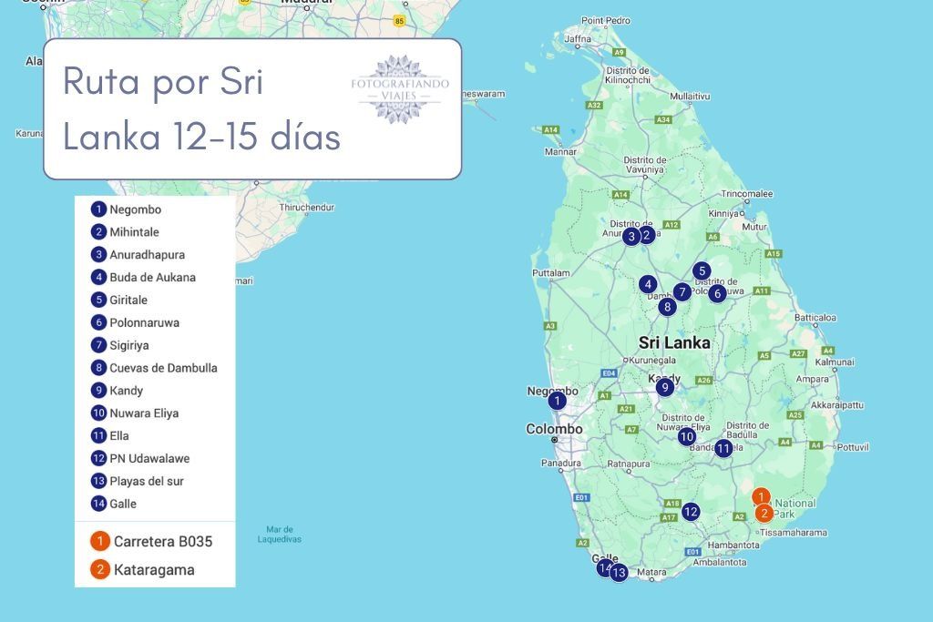 Mapa Sri Lanka recorrido 15 dias en coche o tuk tuk