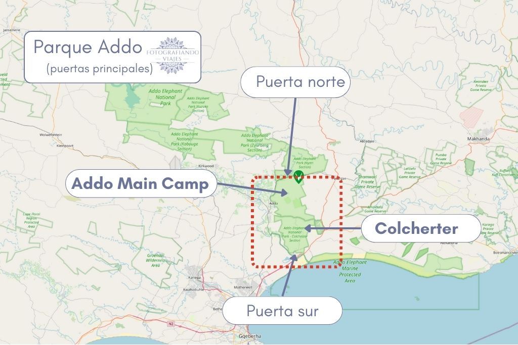 Mapa parque elefantes Addo puertas entrada