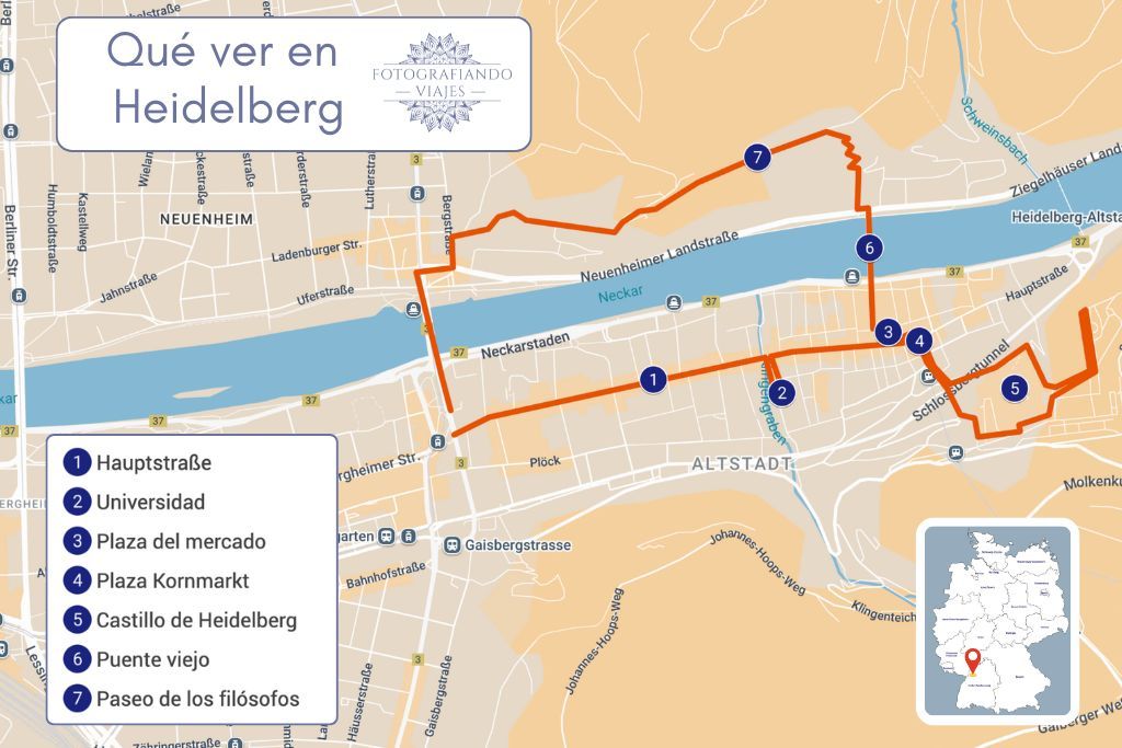 mapa Heidelberg alemania, que ver en un día y recorrido a pie para visitar la ciudad