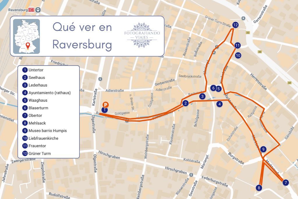 Mapa Raversburg Alemania recorrido a pie