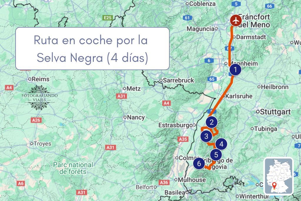 Mapa de ruta selva negra en coche 4 dias