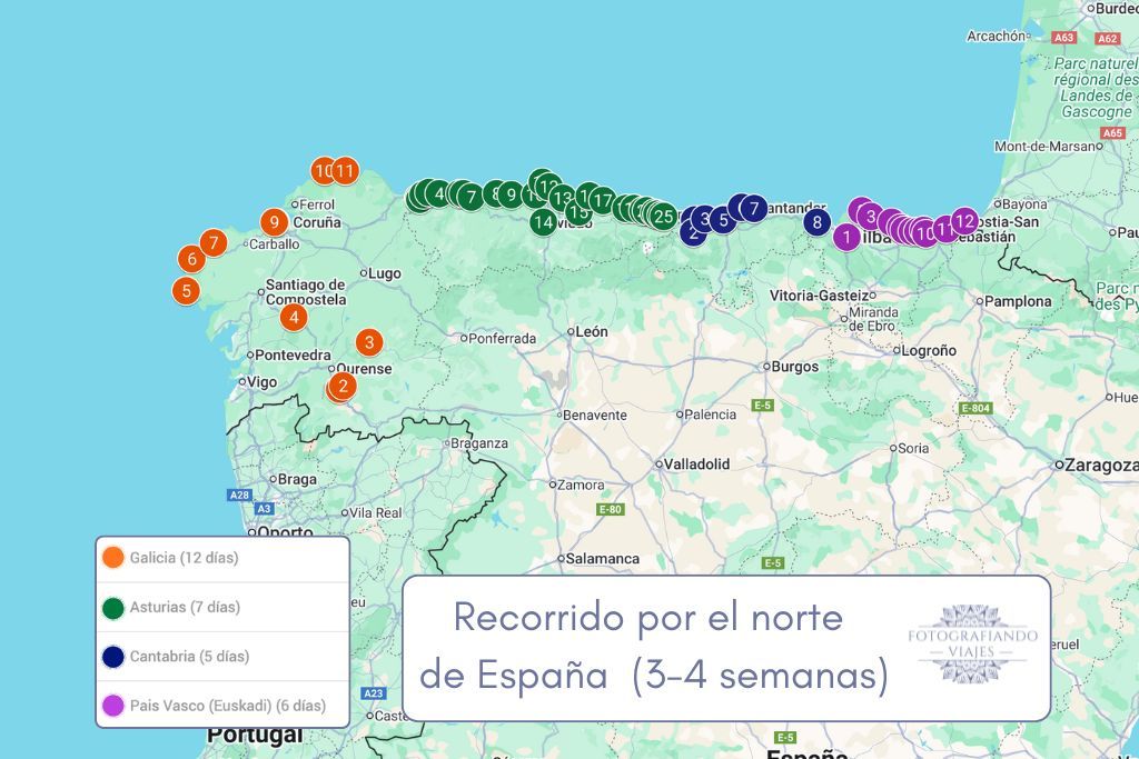Mapa recorrido por el norte de España en coche 30 días