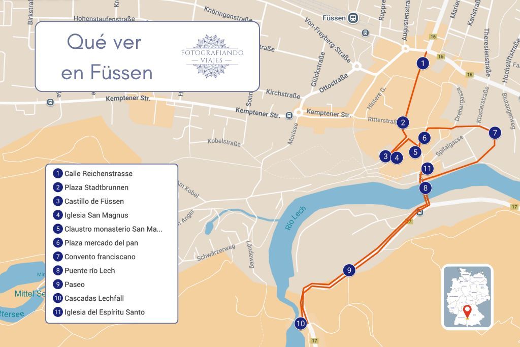 Mapa recorrido que ver Füssen Ruta Romántica Alemania