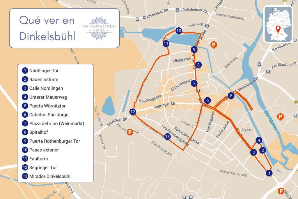 Mapa Dinkelsbühl recorrido a pie Ruta Romántica Alemania