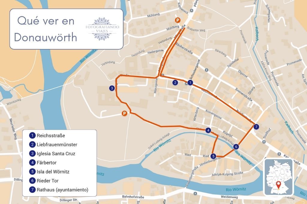 Mapa Donauwörth recorrido a pie Ruta Romántica Alemania