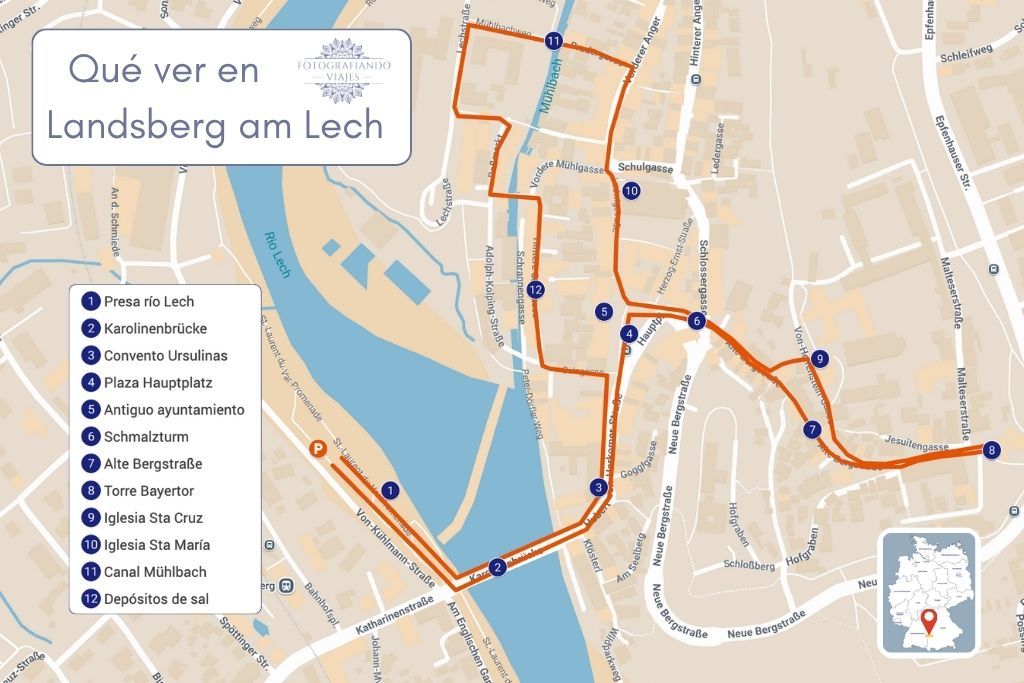 Mapa Landsberg am Lech recorrido a pie Ruta Romántica Alemania