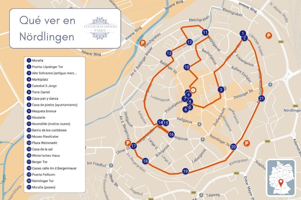 Mapa Nördlingen recorrido a pie ver ciudad amurallada Ruta Romántica Alemania