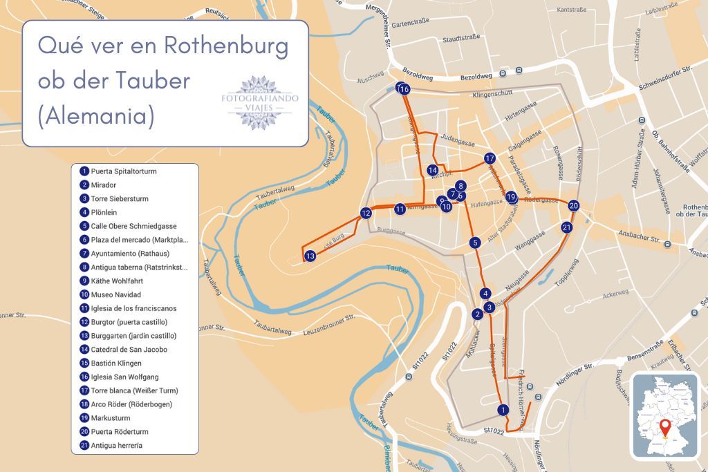 Mapa Rothenburg ob der Tauber recorrido a pie Ruta Romántica Alemania