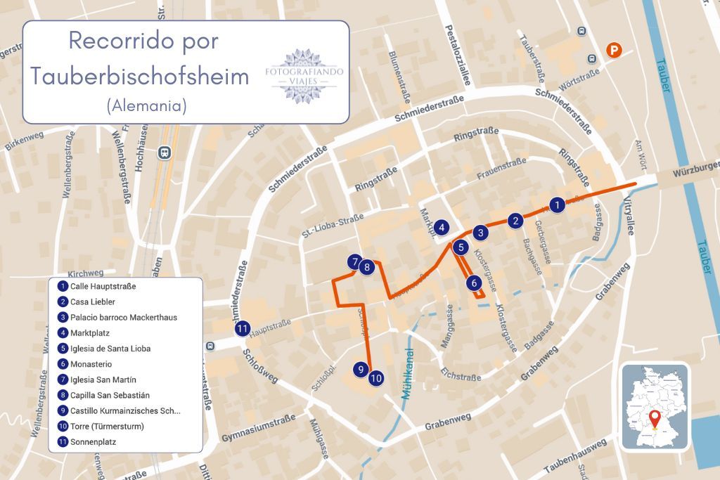 Mapa Tauberbischofsheim recorrido a pie Ruta Romántica Alemania