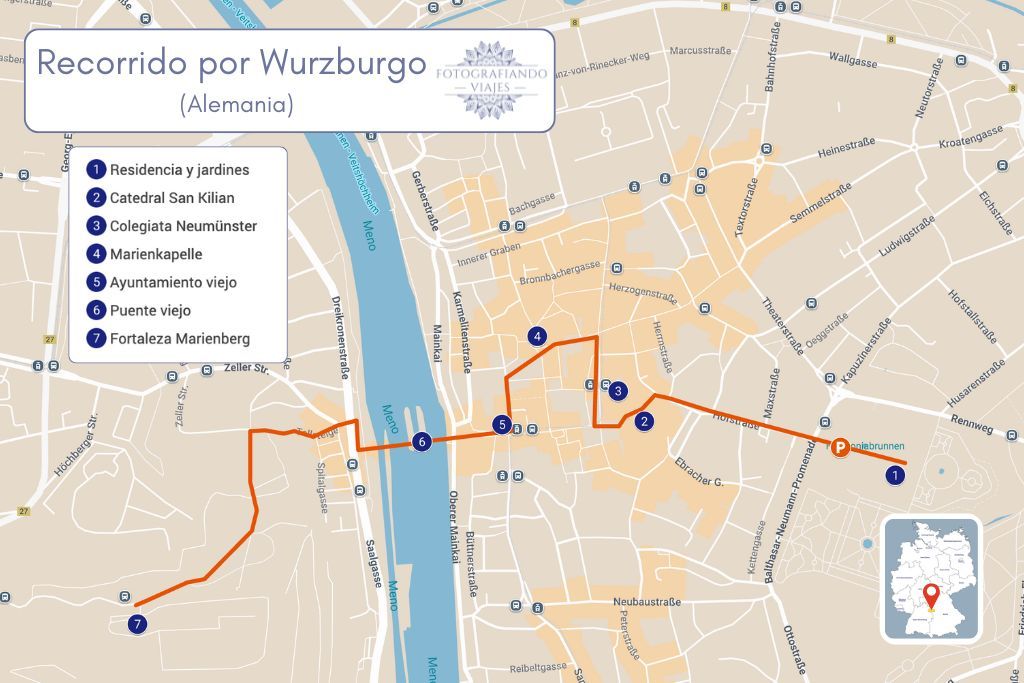 Mapa Wurzburgo recorrido a pie Ruta Romántica Alemania