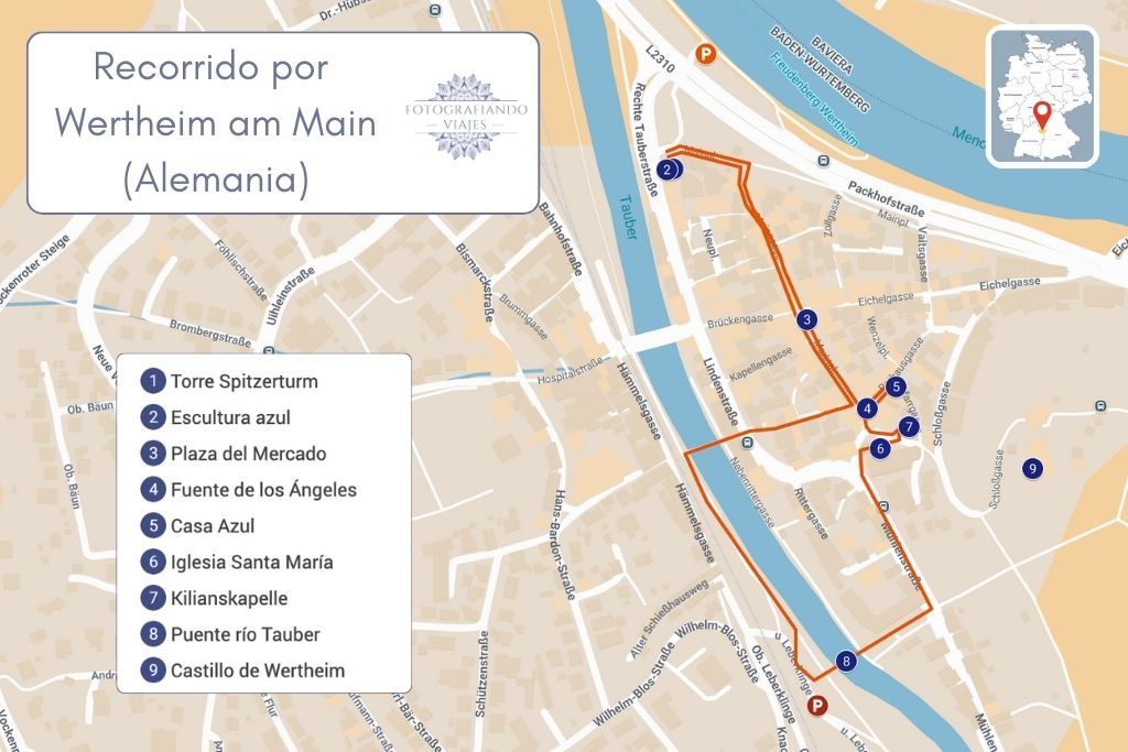 Mapa Wertheim am Main recorrido a pie Ruta Romántica Alemania