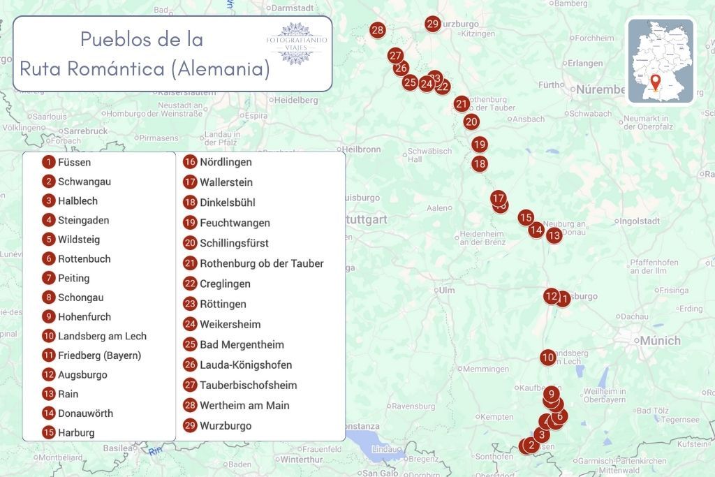 Mapa 29 pueblos Ruta Romántica Alemania Romantische Straße