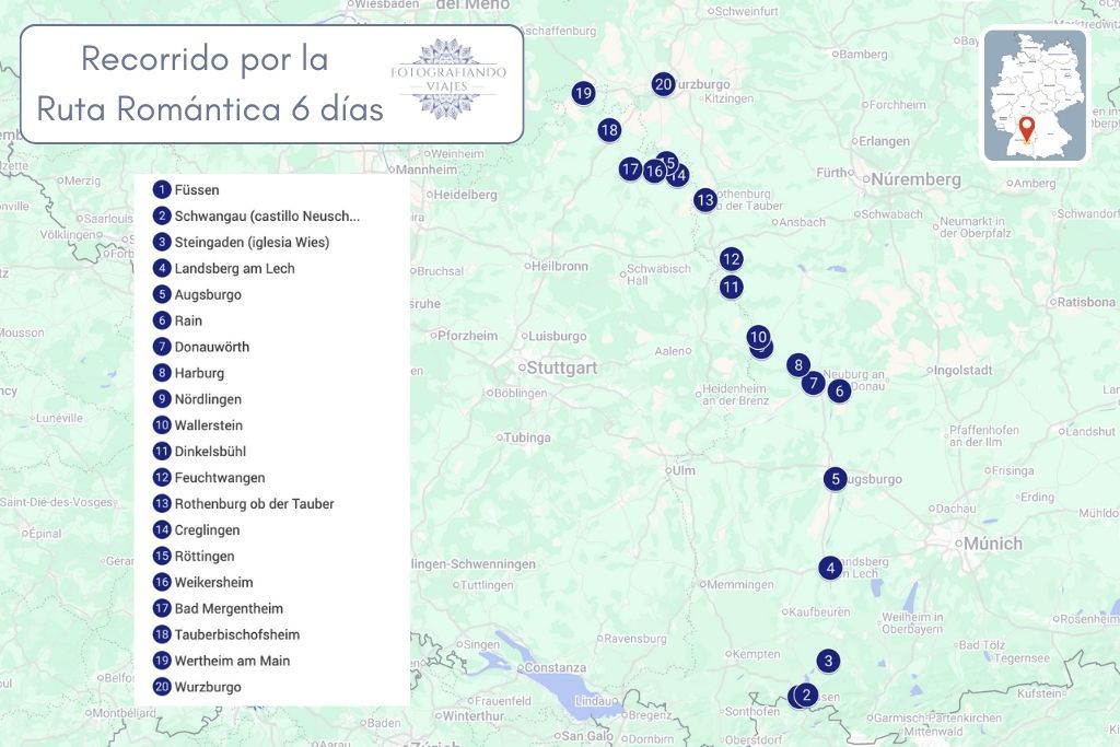 Mapa recorrido coche Ruta Romántica Alemania