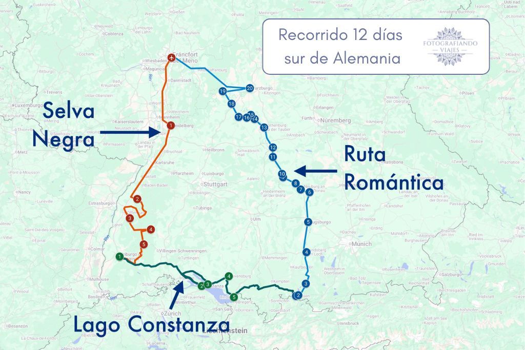 Mapa recorrido coche sur Alemania selva negra ruta romantica y lago constanza