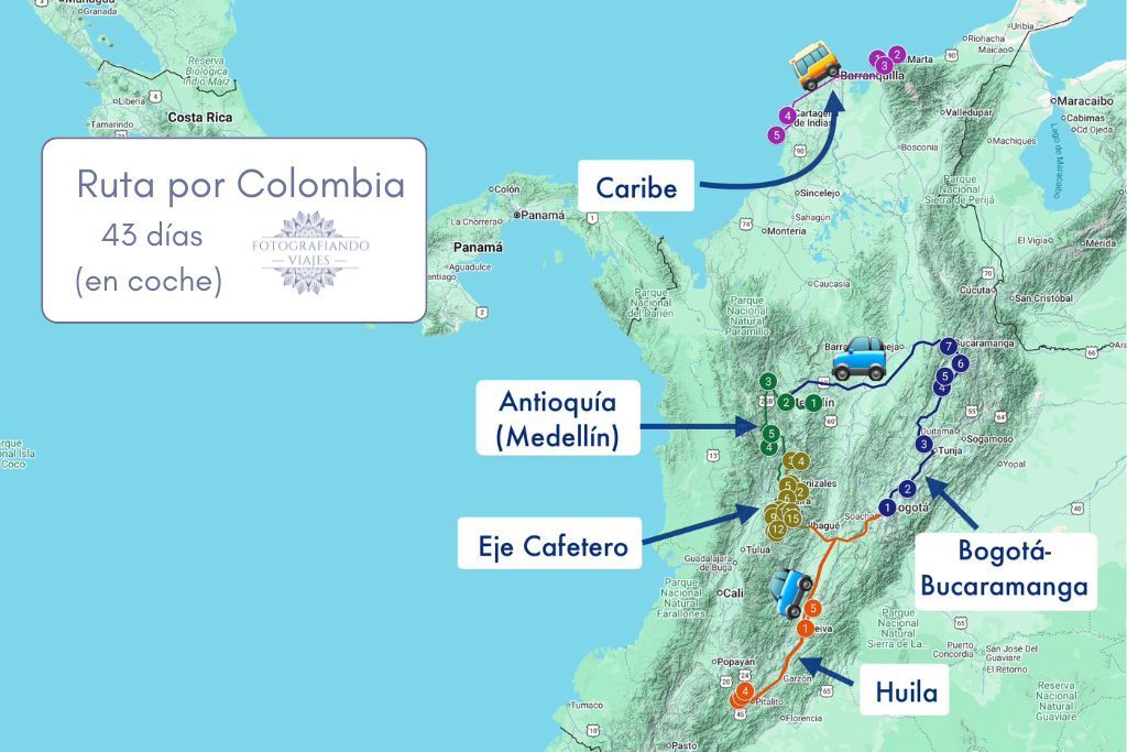 Recorrido viaje Colombia en coche 43 dias