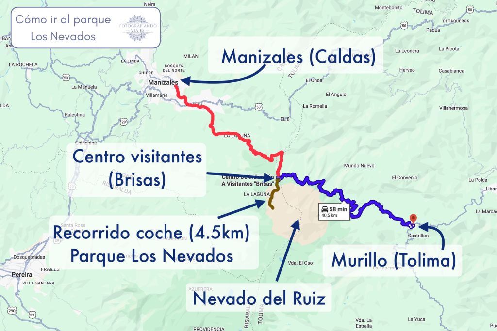 Mapa cómo ir al parque Los Nevados Colombia