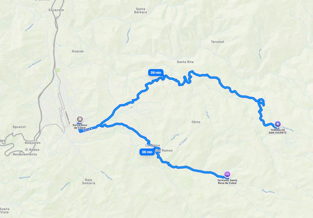 Mapa para llegar a las Termales Santa Rosa y a Termales San Vicente