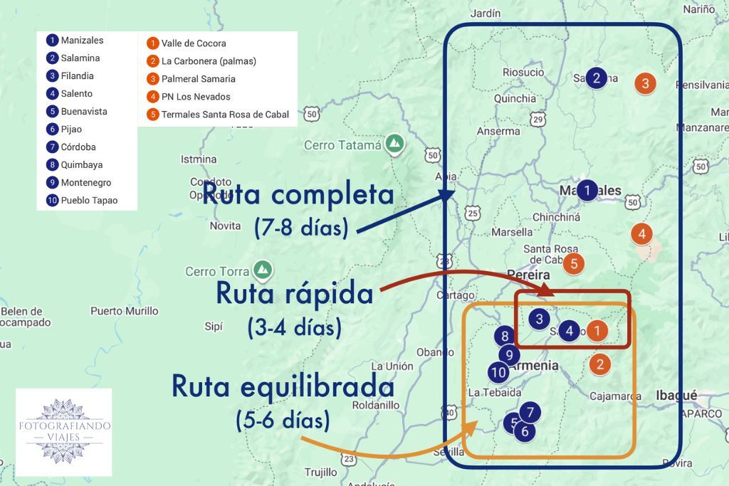 Mapa recorridos por el Eje Cafetero Colombia