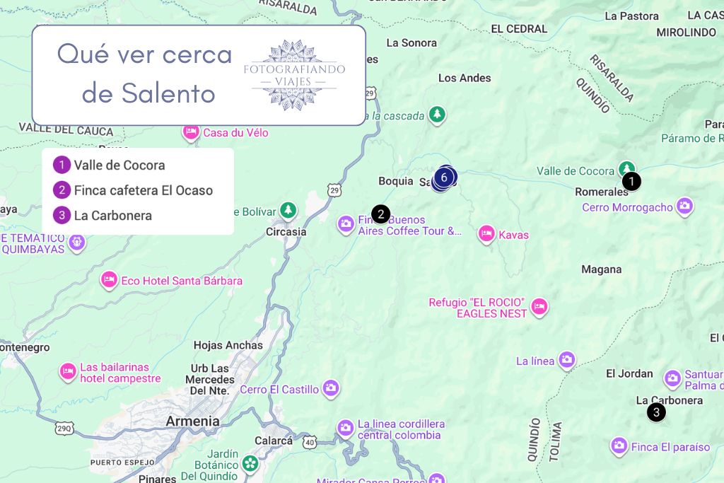 Mapa que ver cerca de Salento Eje Cafetero Colombia