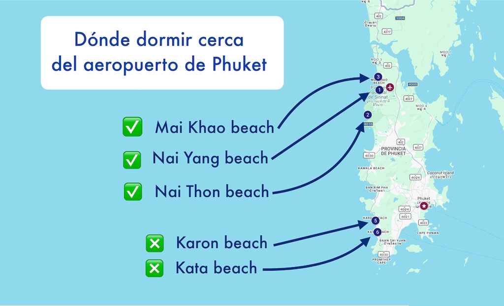 Mapa donde dormir en playa cerca del aeropueto de Phuket Tailandia