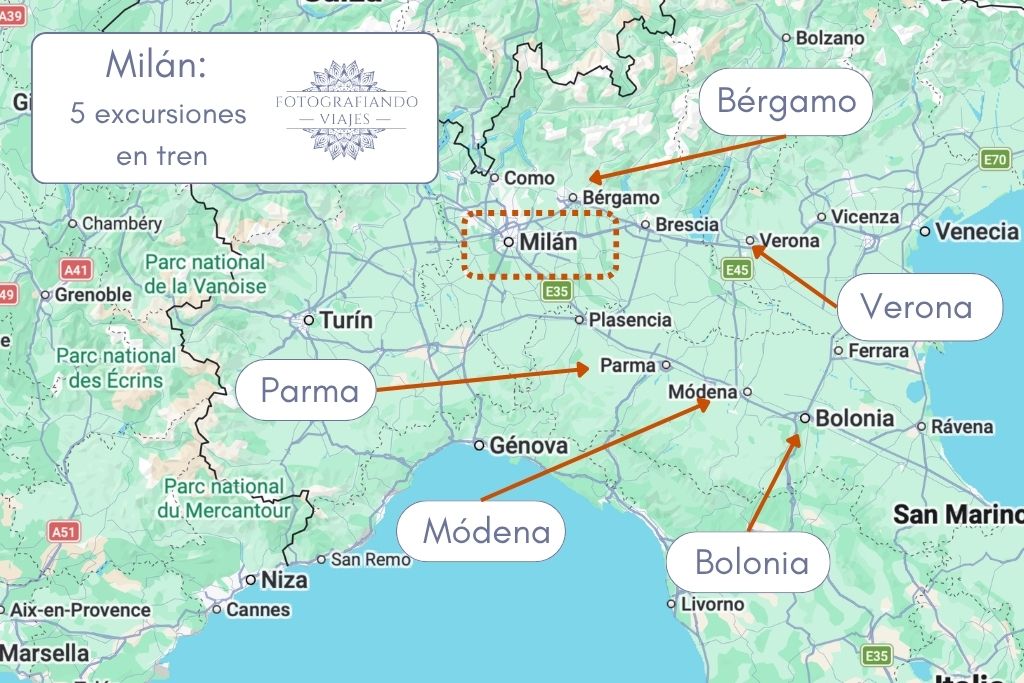 Excursiones en tren de un día desde Milán mapa