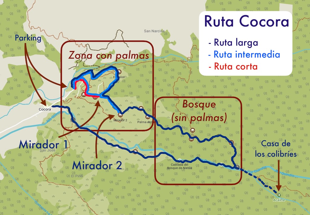 Mapa Cocora rutas a pie