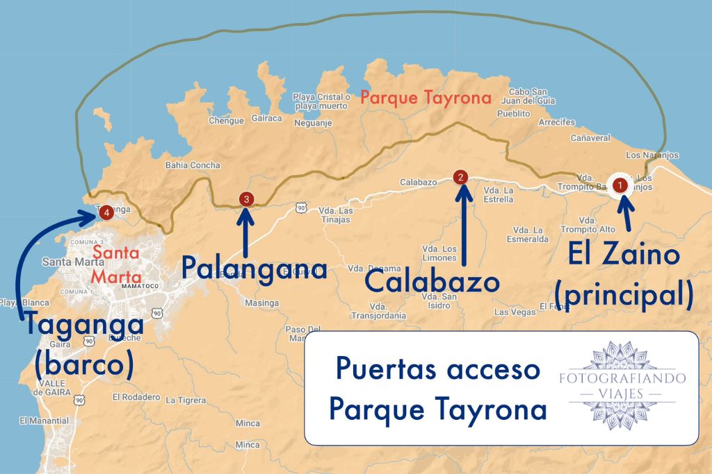 Mapa puertas acceso entradas parque Tayrona Colombia