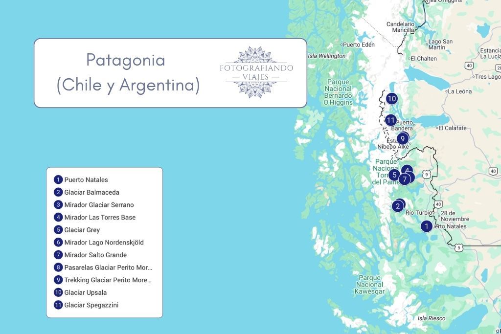 Mapa imprescindibles qué ver Patagonia Chile y Argentina
