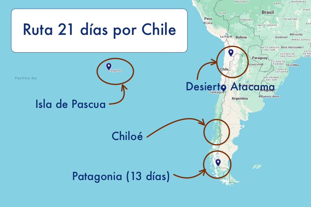 mapa de los sitios que ver en una ruta de 21 días por chile