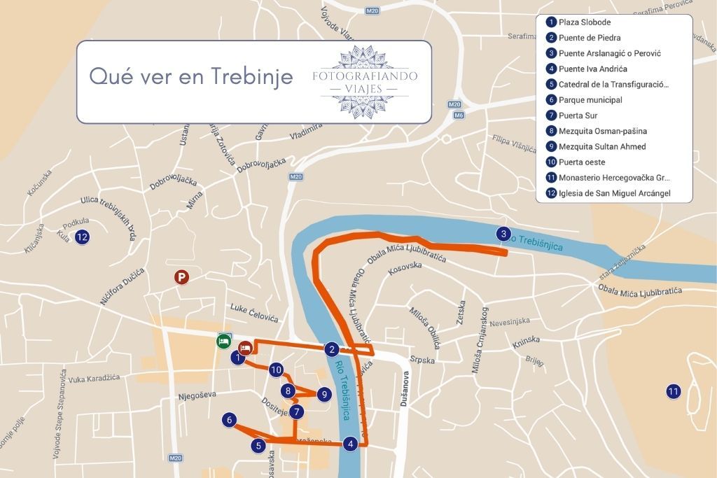Mapa con los lugares que ver en Trebinje Bosnia Herzegovina
